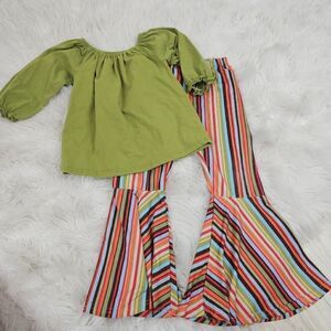 Boutique  Girls XL Fist 5/6 Green Multicolored Striped Bell Bottom Outfit Cute